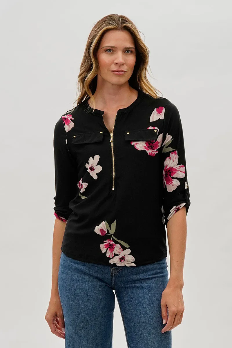 International INC Company Floral 1/4 Zip Shirt - Black sold by Fairweather