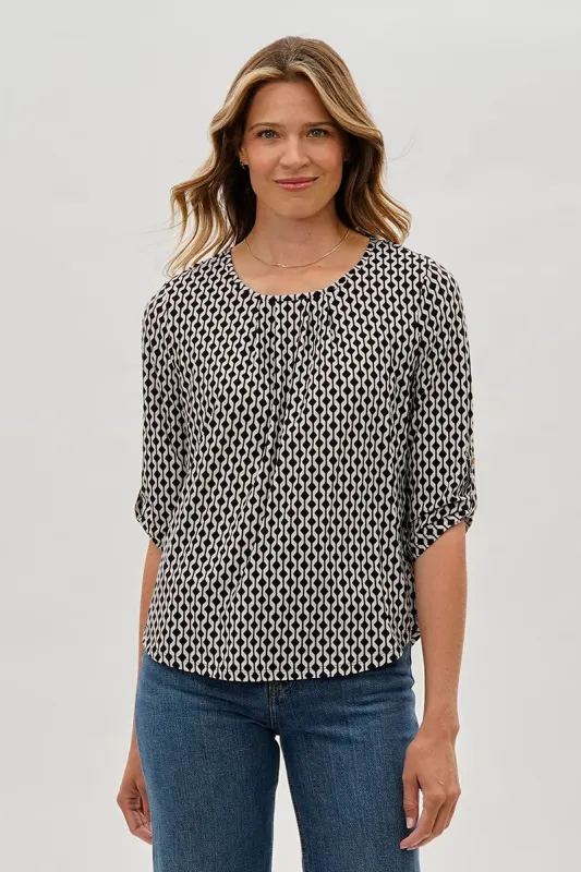Beechers Brook Patterned Roll Up Sleeve Blouse - White sold by Fairweather