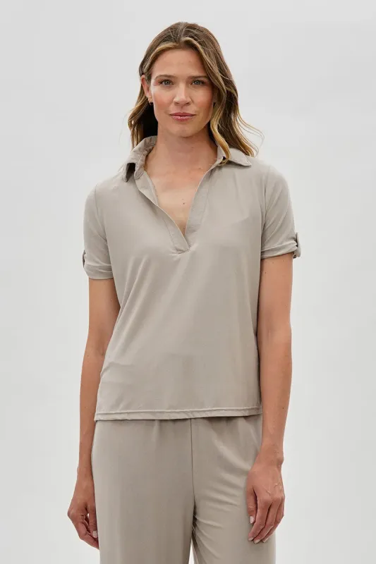 Costa Blanca Short Sleeve Split Neck Blouse - Stone made by Fairweather