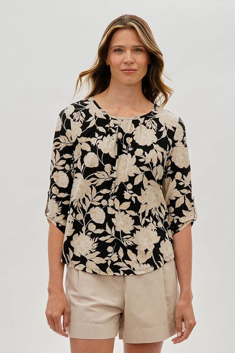 Beechers Brook Floral Roll Up Sleeve Blouse - Black sold by Fairweather