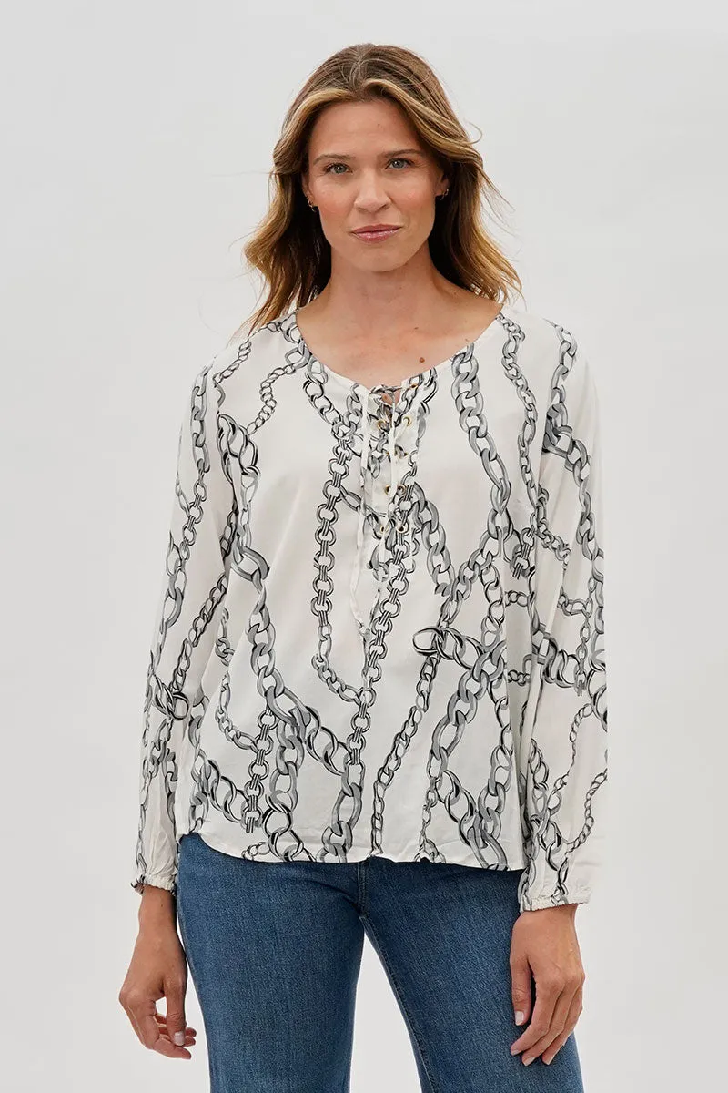 Beechers Brook Chain Print Lace Up Blouse - White sold by Fairweather