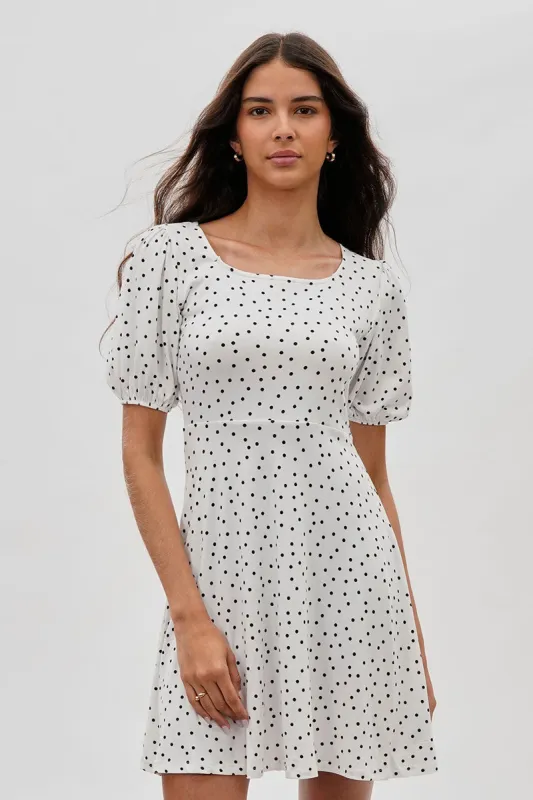 Costa Blanca Polka Dot Print Square Neck Day Dress - White sold by Fairweather