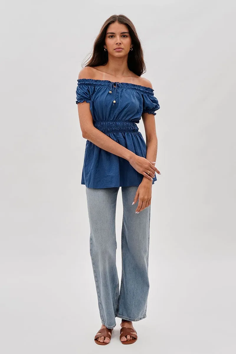 Runaway Bay Cinched Short Sleeve Blouse - Blue sold by Fairweather product image thumbnail 5