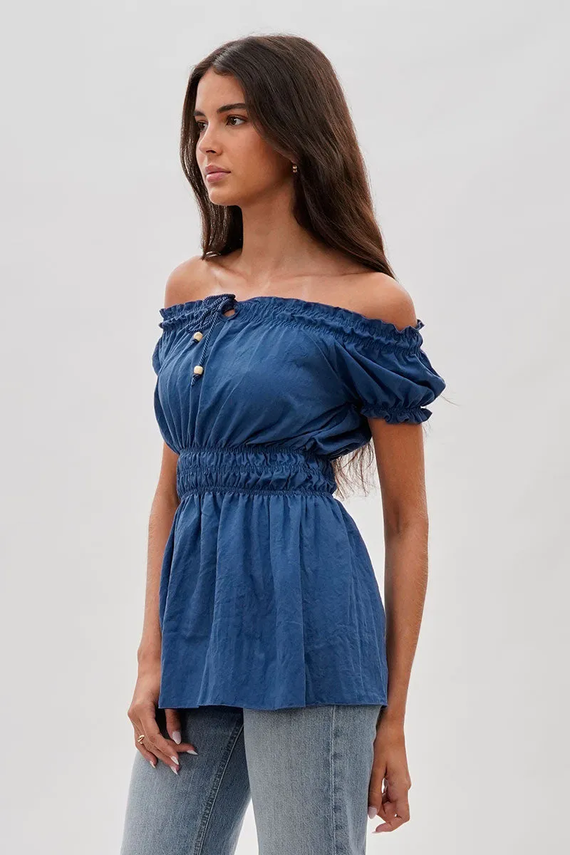 Runaway Bay Cinched Short Sleeve Blouse - Blue sold by Fairweather product image thumbnail 2