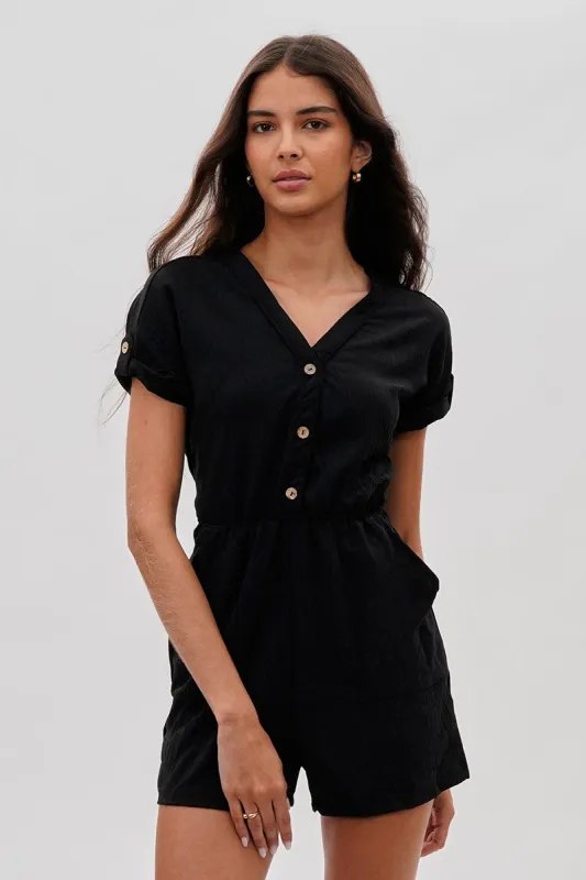 Stylexchange Vintage Back Tie Button Up Romper - Black sold by Fairweather