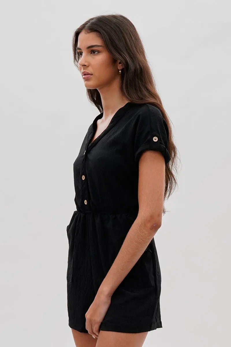 Stylexchange Vintage Back Tie Button Up Romper - Black sold by Fairweather product image thumbnail 2