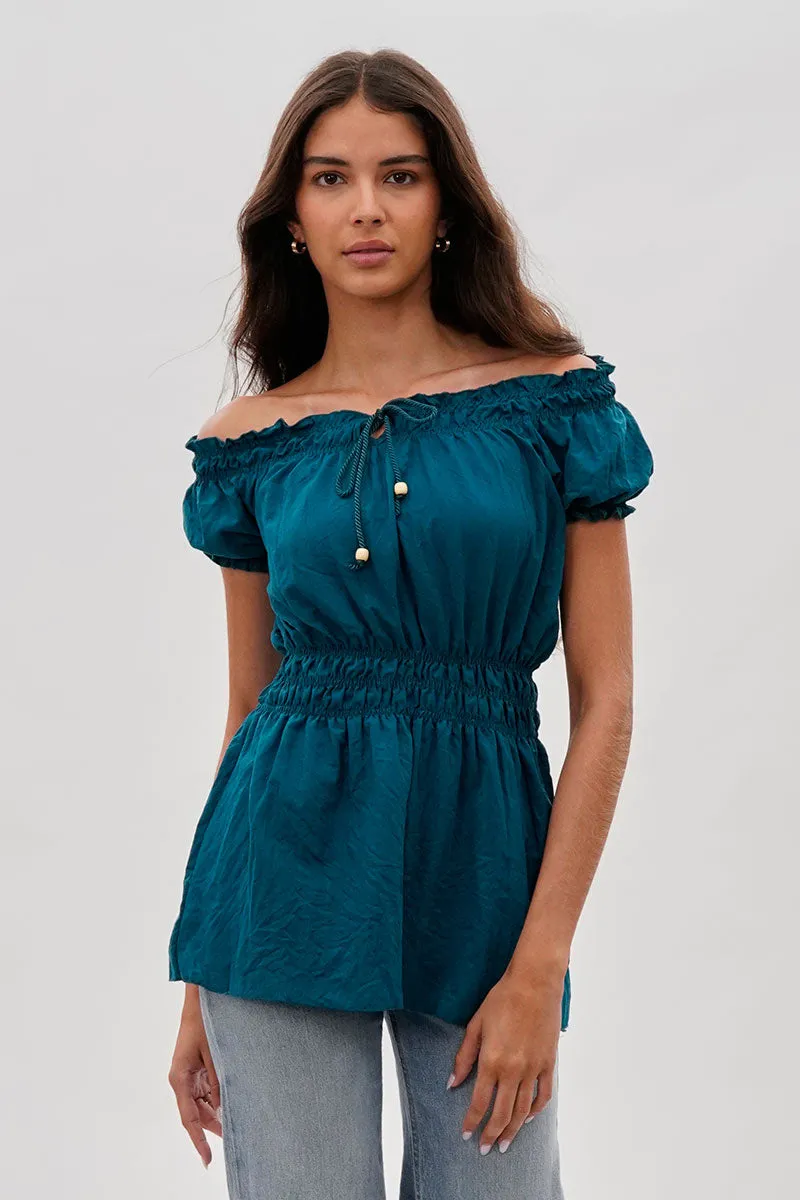Runaway Bay Cinched Short Sleeve Blouse - Teal sold by Fairweather