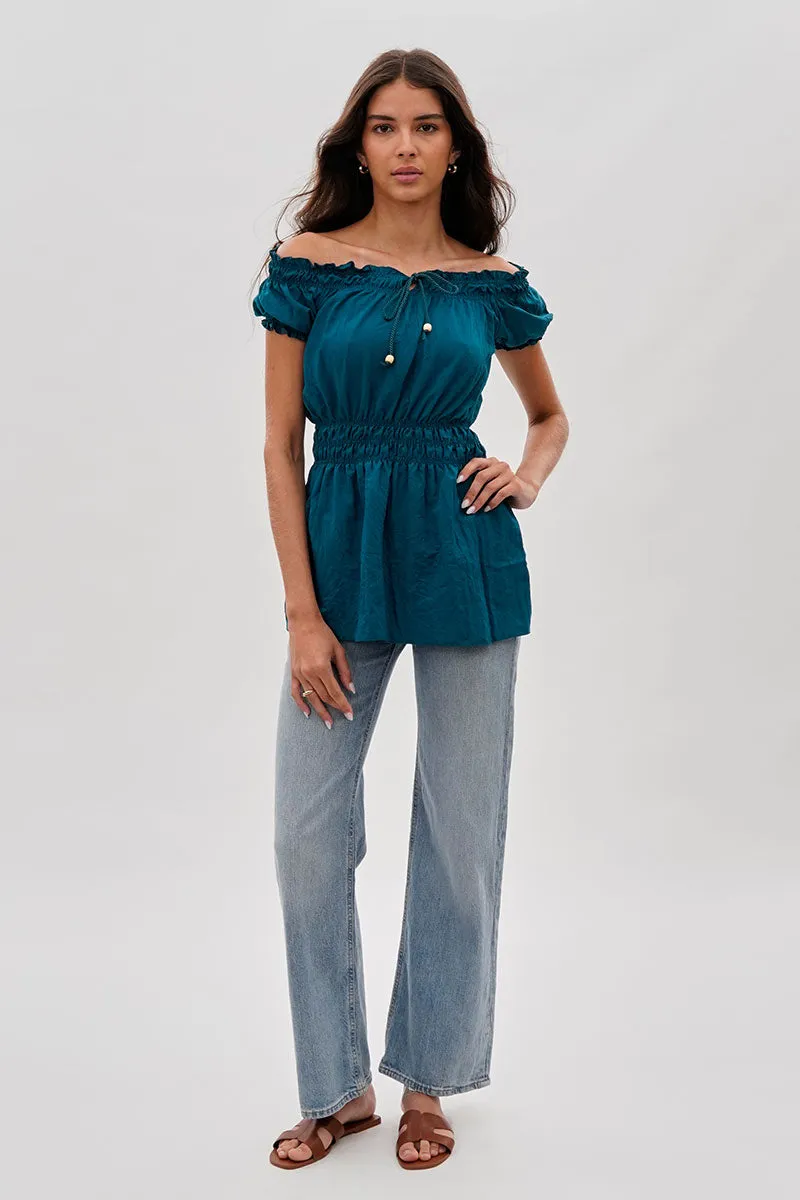 Runaway Bay Cinched Short Sleeve Blouse - Teal sold by Fairweather product image thumbnail 5