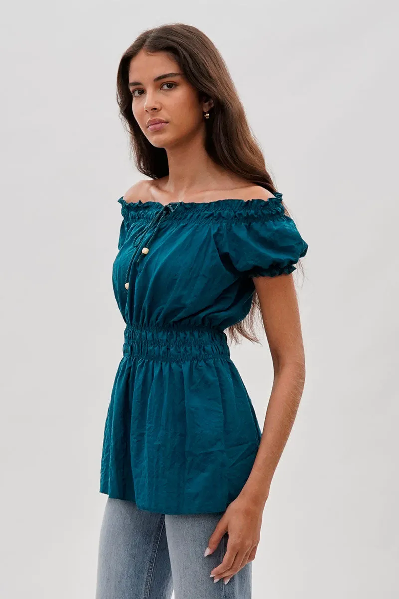 Runaway Bay Cinched Short Sleeve Blouse - Teal sold by Fairweather product image thumbnail 2
