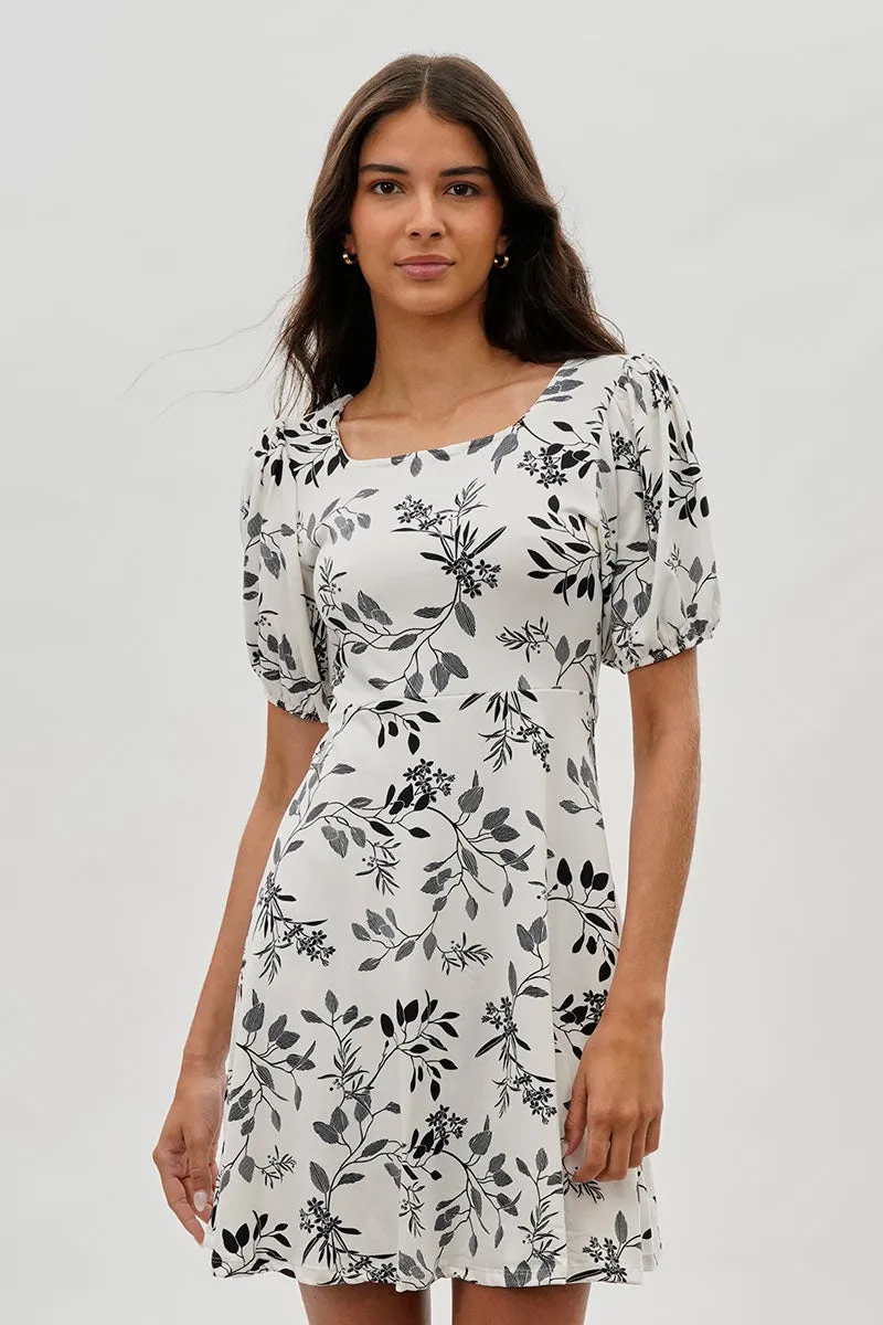 Costa Blanca Leaf Print Square Neck Day Dress - White sold by Fairweather