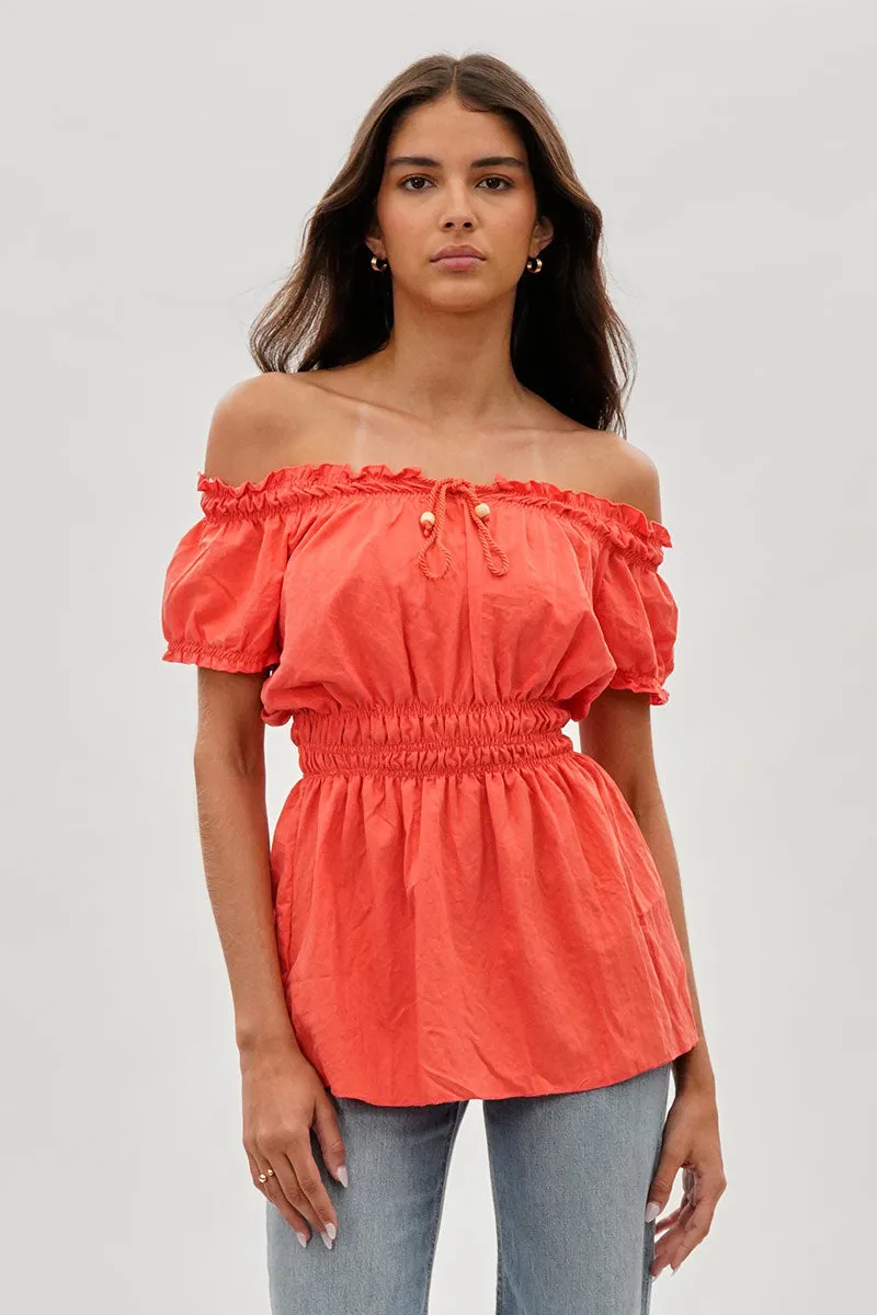 Cinched Short Sleeve Blouse - Coral sold by Fairweather