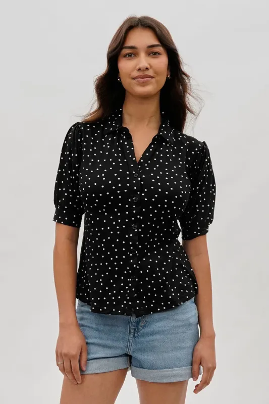 International INC Company Polka Dot Puffer Sleeve Blouse - Black sold by Fairweather