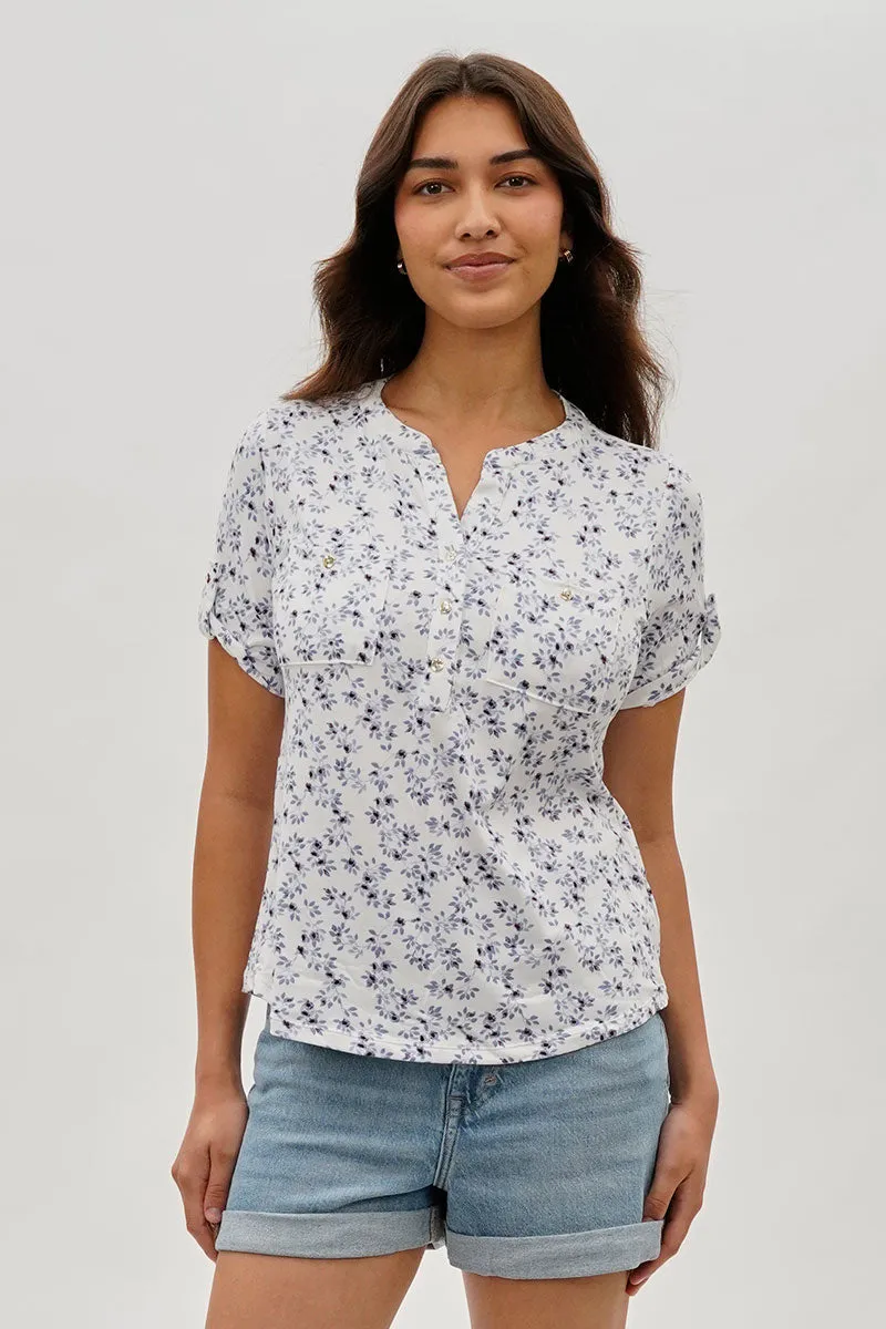 International INC Company Floral Short Sleeve Blouse - White sold by Fairweather