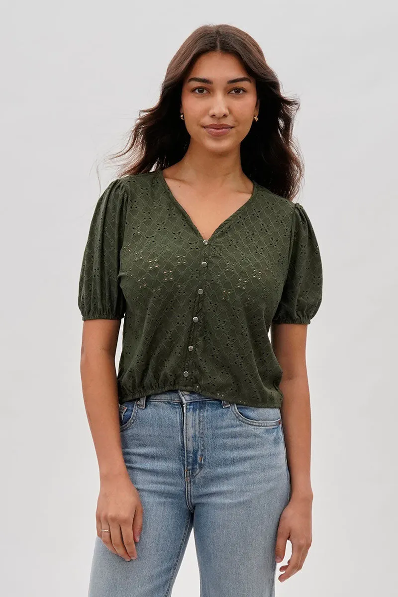 Button Down Eyelet Blouse - Olive sold by Fairweather