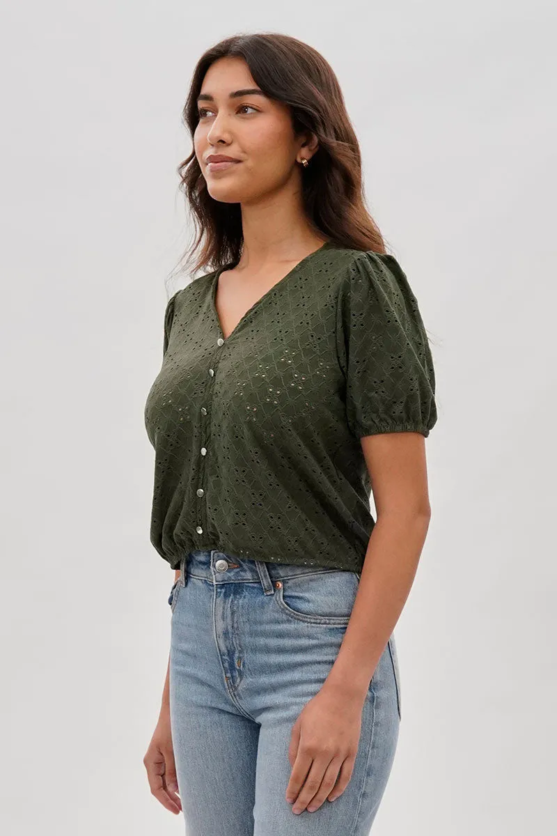 Button Down Eyelet Blouse - Olive sold by Fairweather product image thumbnail 2