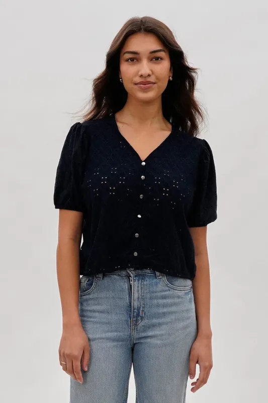 Beechers Brook Button Down Eyelet Blouse - Navy sold by Fairweather