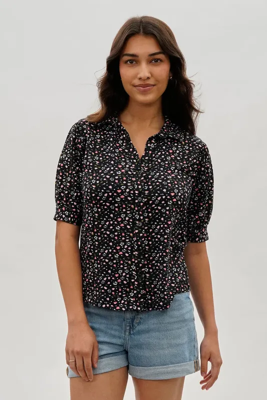 International INC Company Floral Puffer Sleeve Blouse - Black sold by Fairweather