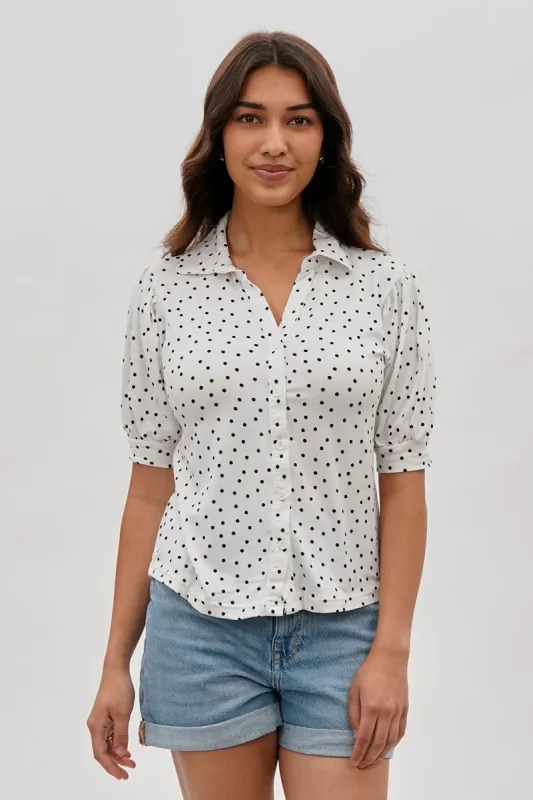International INC Company Polka Dot Puffer Sleeve Blouse - White sold by Fairweather