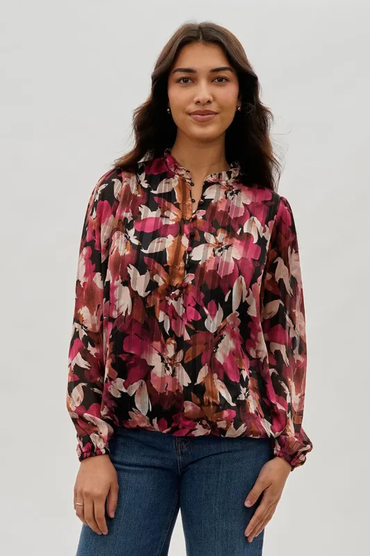 Costa Blanca Floral Ruffle Neck Blouse - Burgundy sold by Fairweather