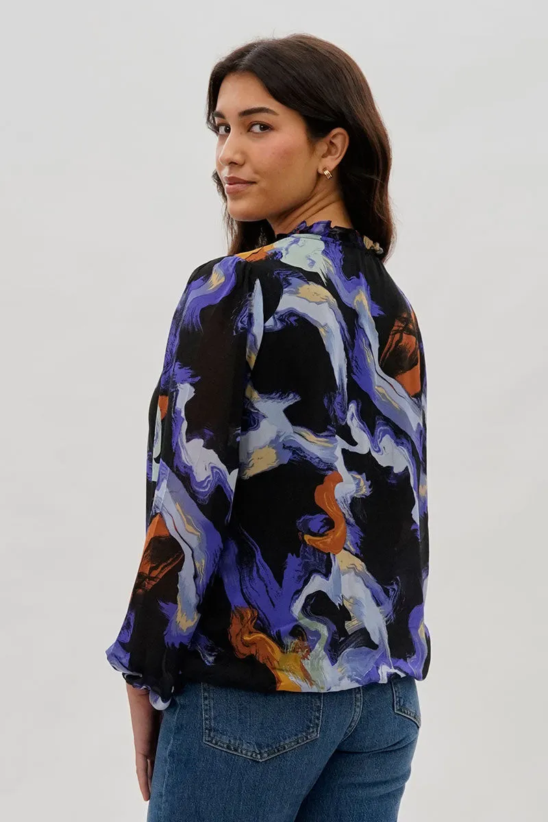 Marble Print Ruffle Neck Blouse - Black sold by Fairweather product image thumbnail 3