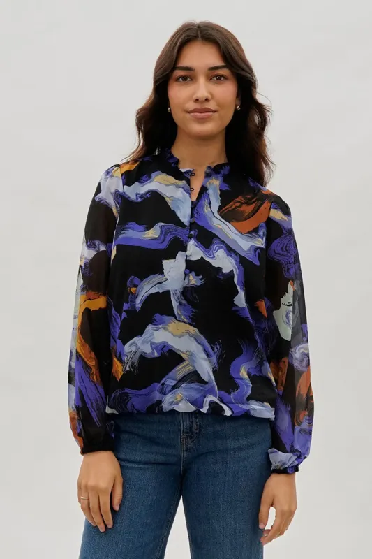 Marble Print Ruffle Neck Blouse - Black made by Costa Blanca