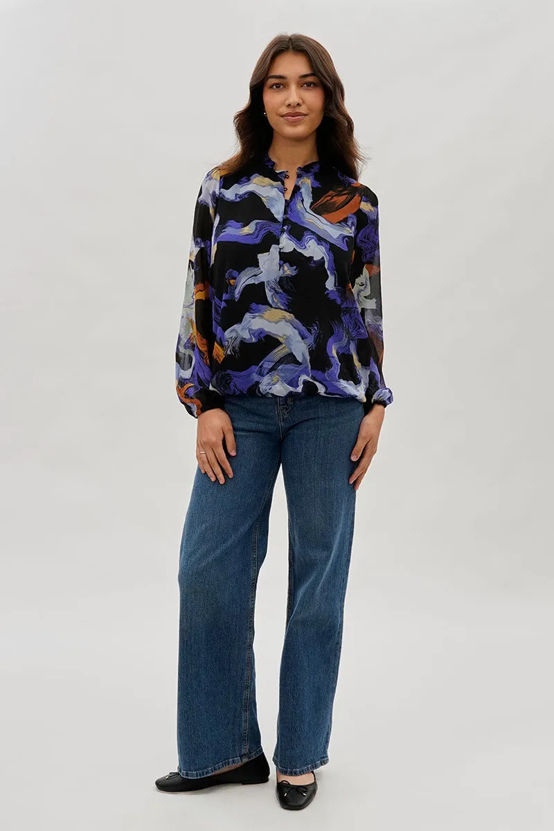 Marble Print Ruffle Neck Blouse - Black sold by Fairweather product image thumbnail 5