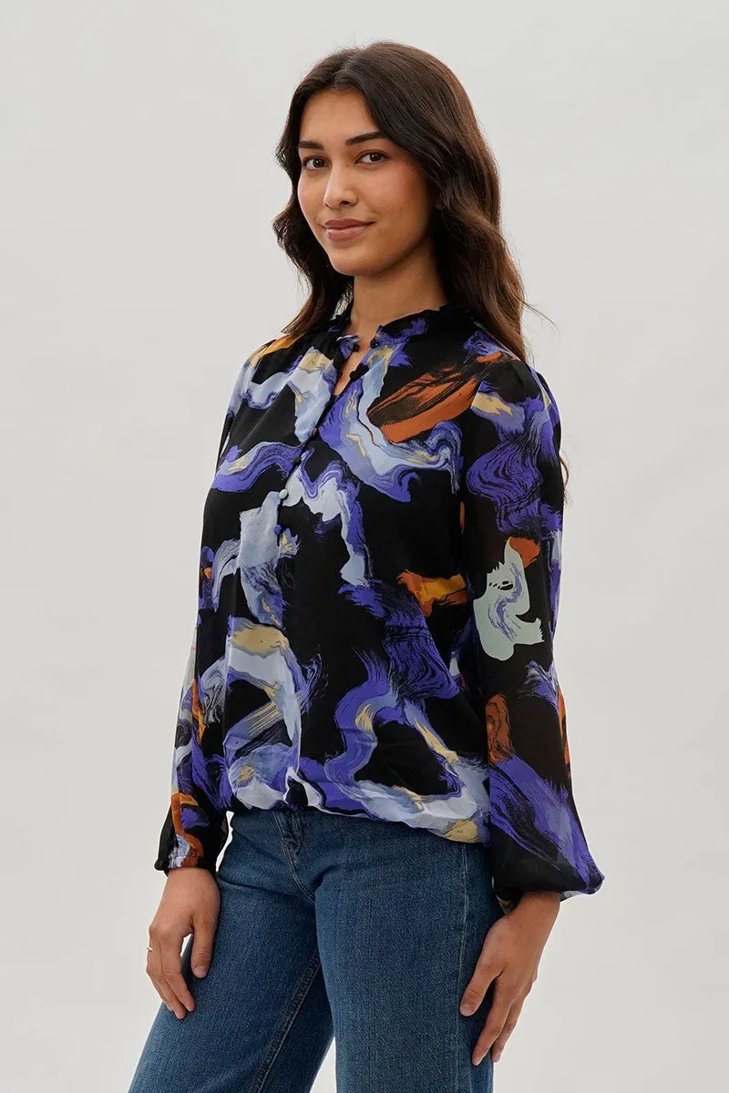 Marble Print Ruffle Neck Blouse - Black sold by Fairweather product image thumbnail 2
