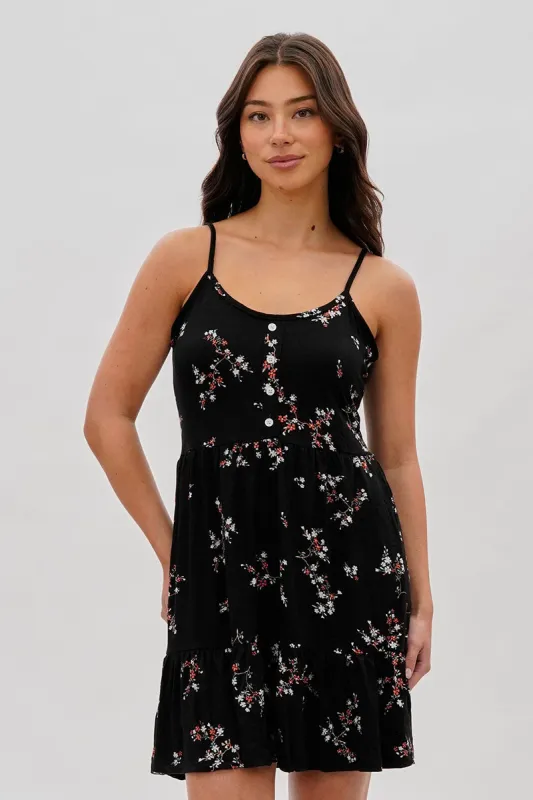 Stylexchange Vintage Floral Henley Day Dress - Black sold by Fairweather
