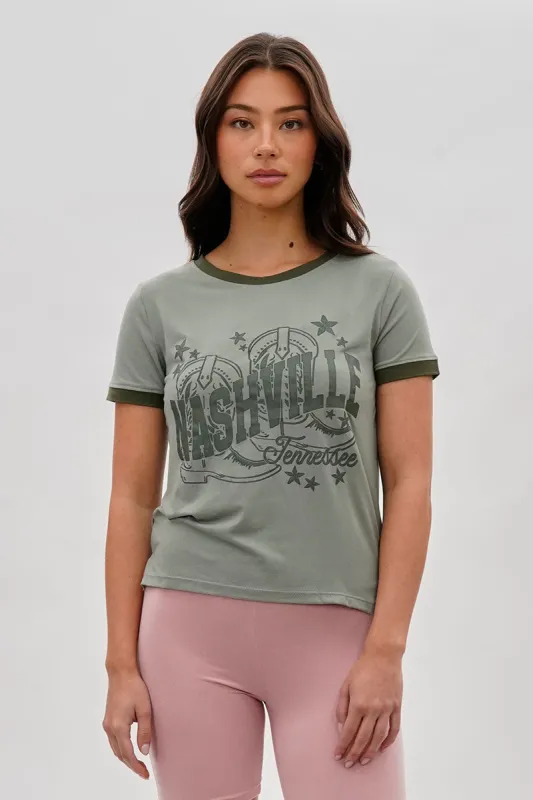 Stylexchange Vintage Nashville Graphic Ringer Tee - Olive sold by Fairweather