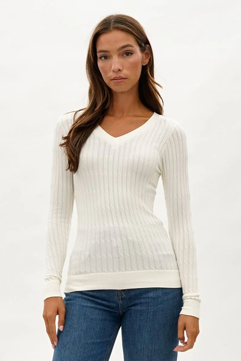 International INC Company Ribbed V-Neck Long Sleeve Top - White sold by Fairweather