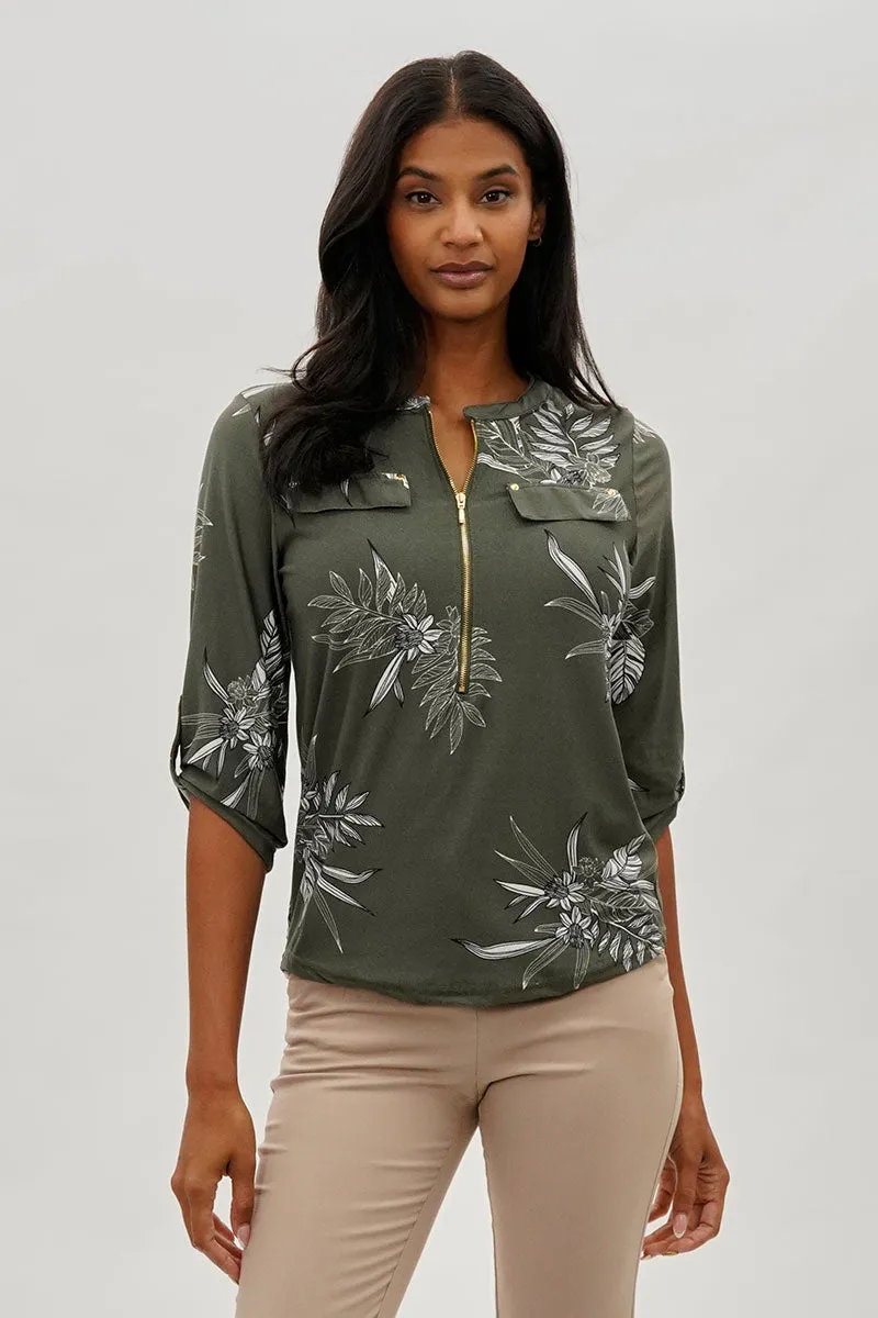 Beechers Brook Floral Half Zip Blouse - Olive sold by Fairweather
