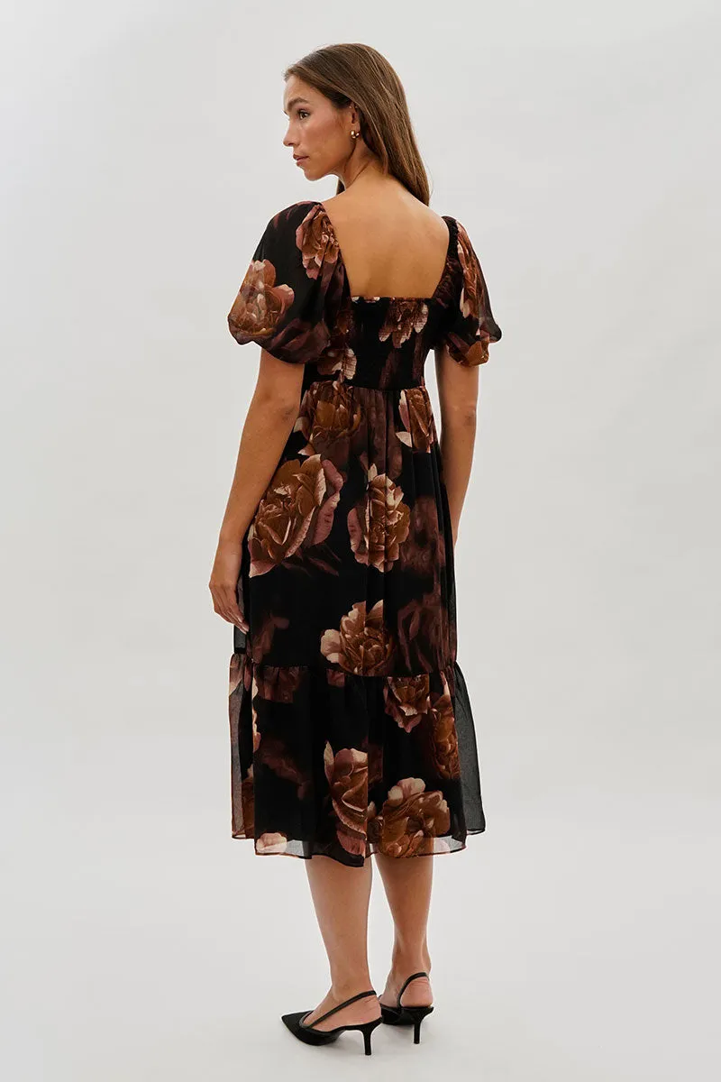 Beechers Brook Floral Pleated Square Neck Midi Dress - Black sold by Fairweather product image thumbnail 3