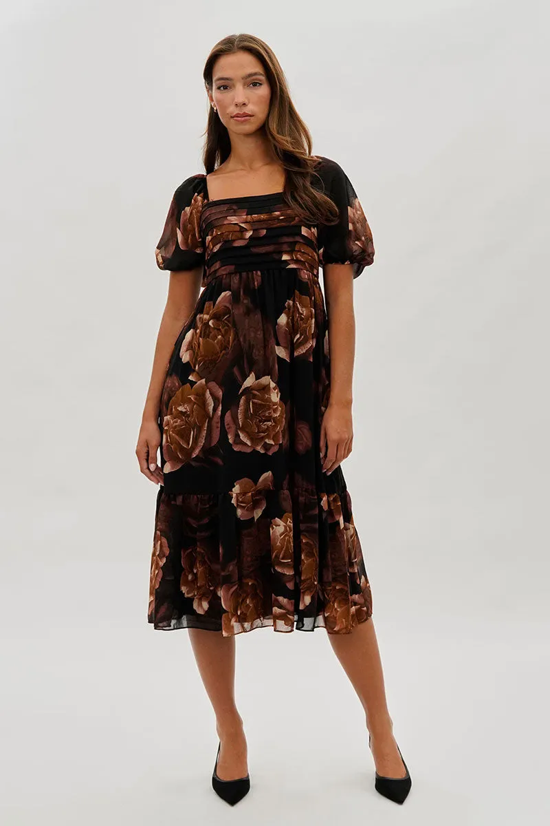 Beechers Brook Floral Pleated Square Neck Midi Dress - Black sold by Fairweather