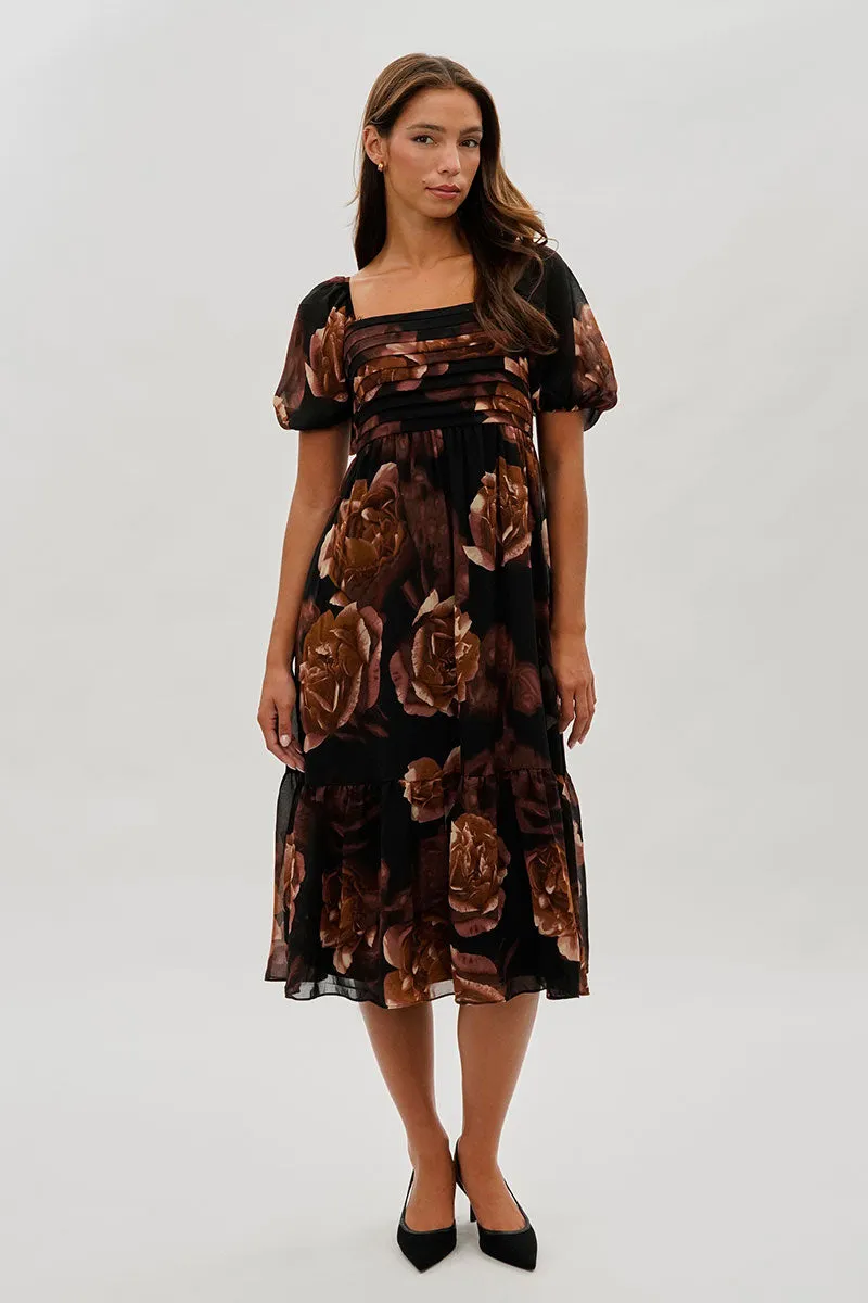 Beechers Brook Floral Pleated Square Neck Midi Dress - Black sold by Fairweather product image thumbnail 5