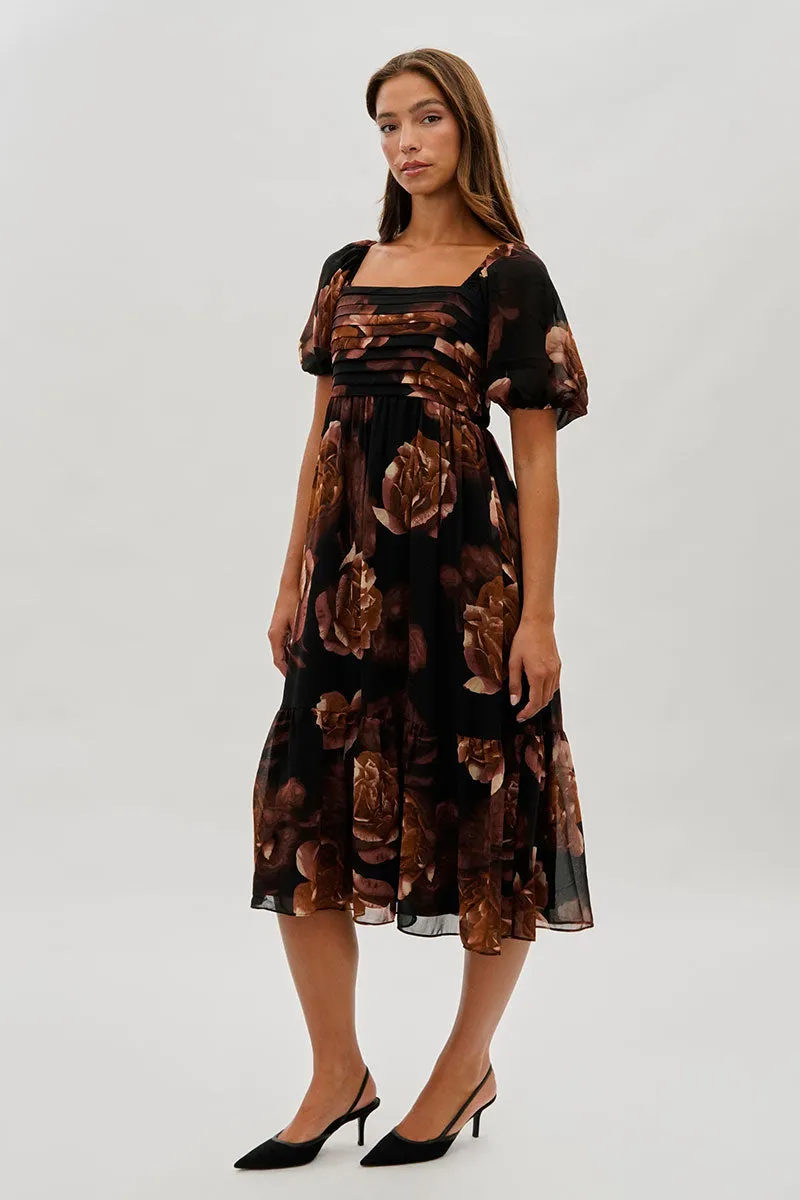Beechers Brook Floral Pleated Square Neck Midi Dress - Black sold by Fairweather product image thumbnail 2