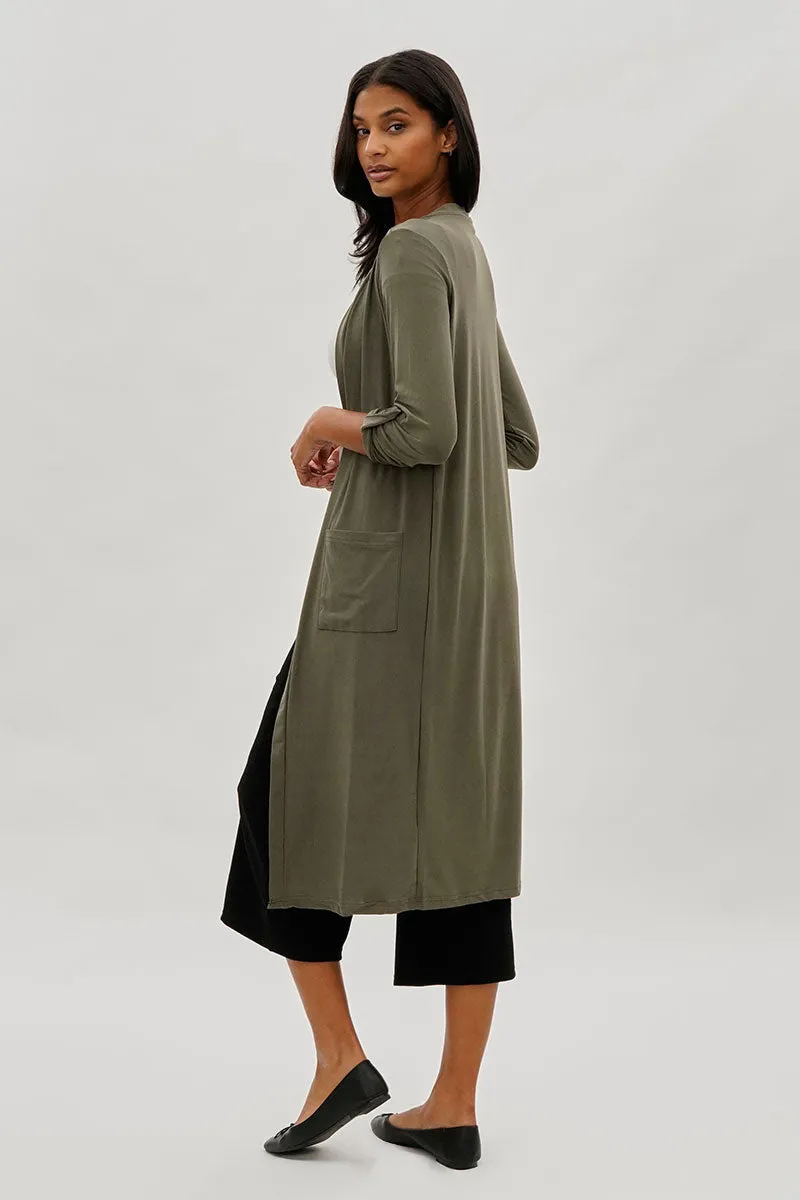 Limite Open Front Lightweight Duster Cardigan - Olive sold by Fairweather product image thumbnail 3