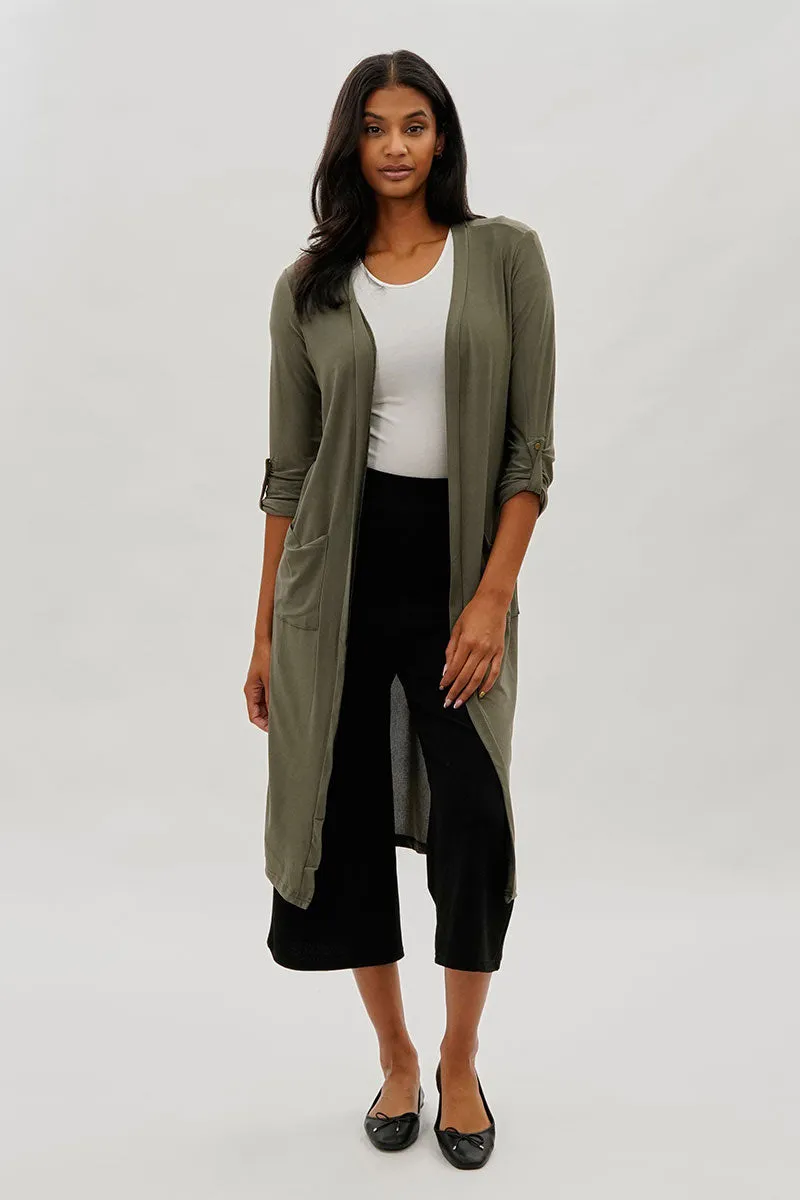 Limite Open Front Lightweight Duster Cardigan - Olive sold by Fairweather