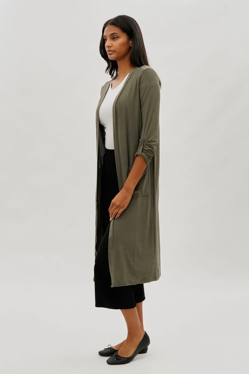 Limite Open Front Lightweight Duster Cardigan - Olive sold by Fairweather product image thumbnail 2