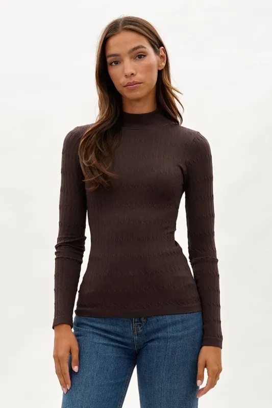 International INC Company Ribbed Mock Neck Long Sleeve Top - Brown sold by Fairweather