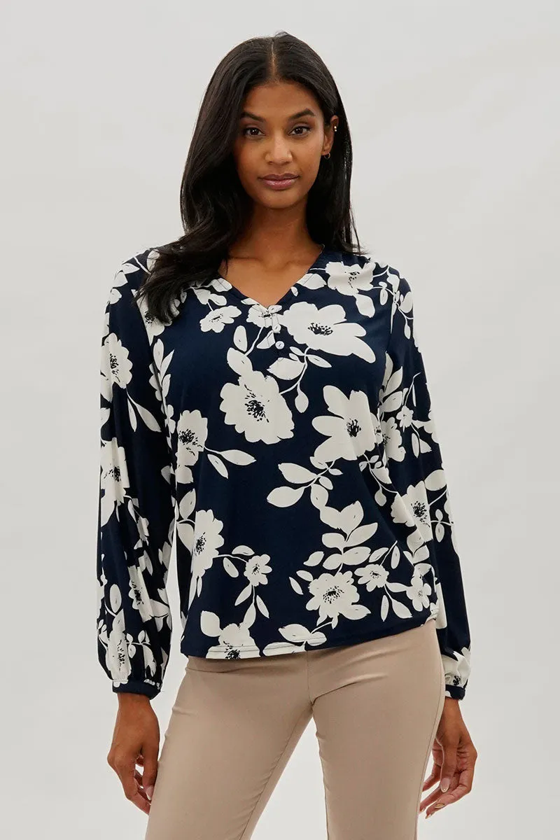 Beechers Brook Floral Henley Blouse - Navy sold by Fairweather