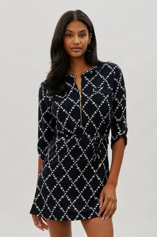 Beechers Brook Leaf Print Tie Waist Half Zip Day Dress - Navy sold by Fairweather