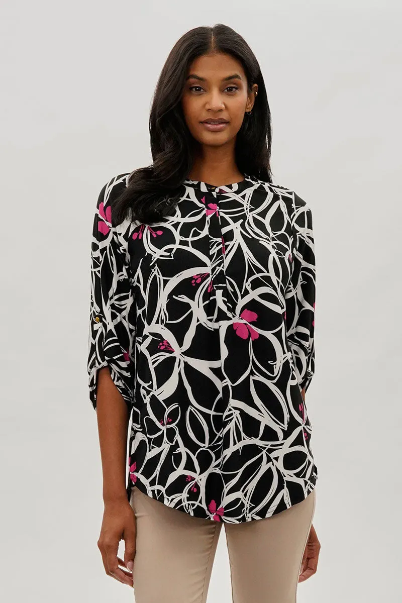 International INC Company Floral Roll Up Sleeve Blouse - Black sold by Fairweather