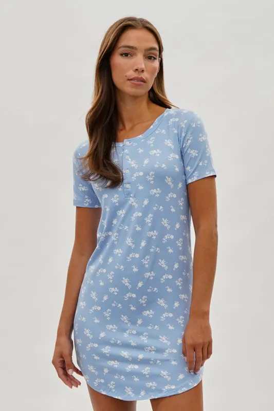 Runaway Bay Floral Short Sleeve Henley Day Dress - Blue sold by Fairweather