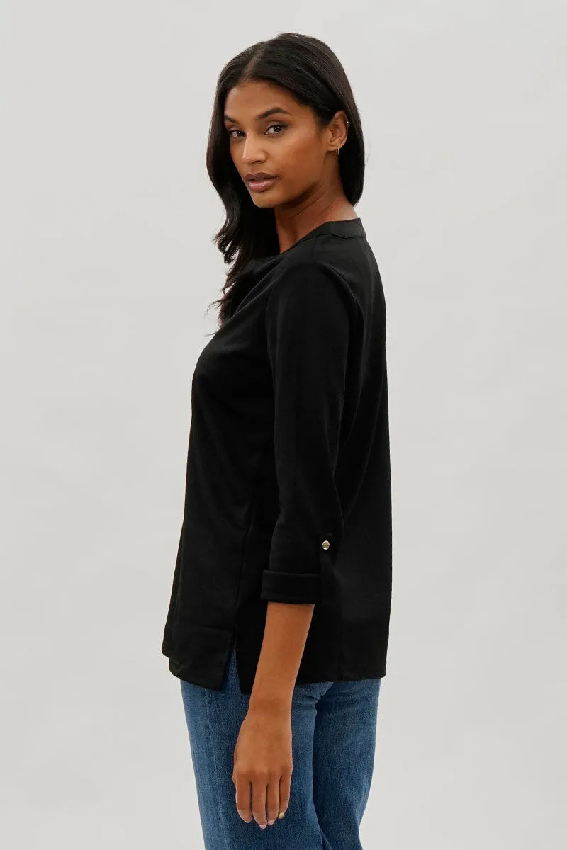 Costa Blanca Split Neck Roll Up Sleeve Blouse - Black sold by Fairweather product image thumbnail 3