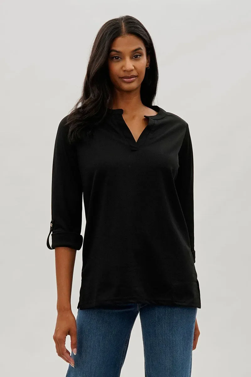 Costa Blanca Split Neck Roll Up Sleeve Blouse - Black sold by Fairweather