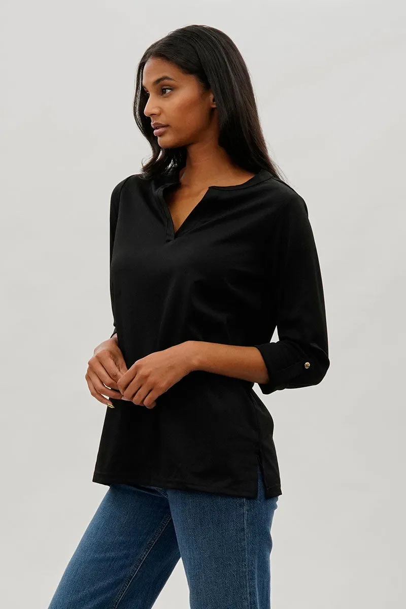 Costa Blanca Split Neck Roll Up Sleeve Blouse - Black sold by Fairweather product image thumbnail 2