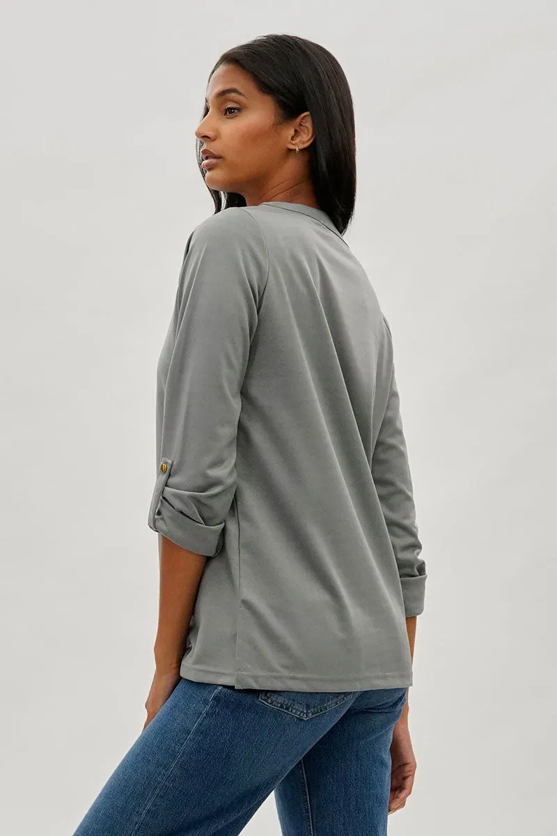 Split Neck Roll Up Sleeve Blouse - Grey sold by Fairweather product image thumbnail 3