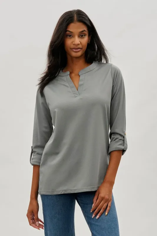 Costa Blanca Split Neck Roll Up Sleeve Blouse - Grey sold by Fairweather