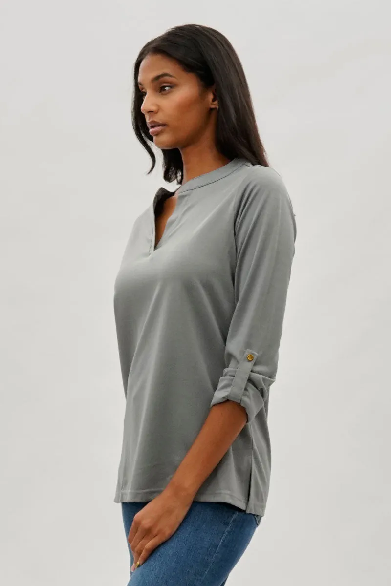 Split Neck Roll Up Sleeve Blouse - Grey sold by Fairweather product image thumbnail 2