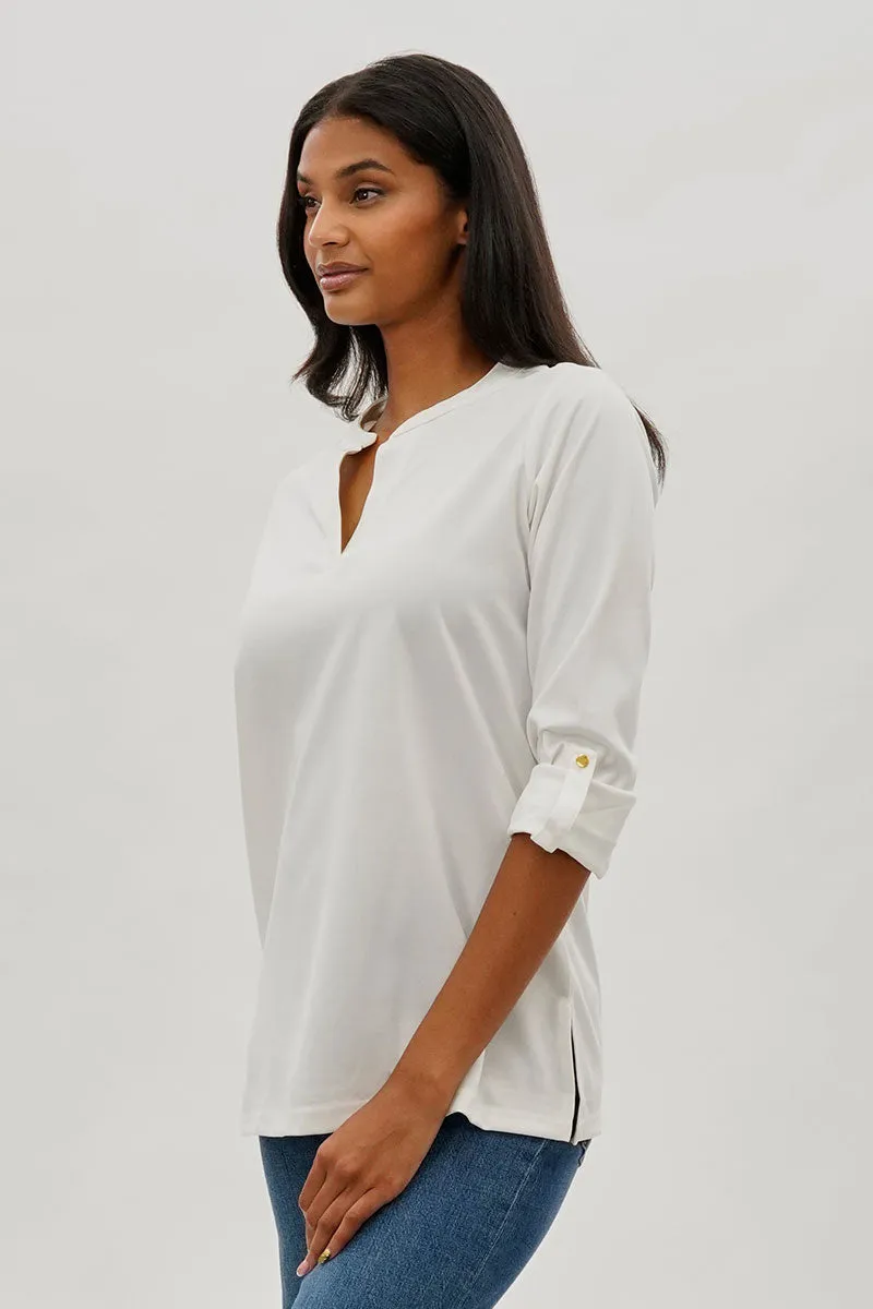 Costa Blanca Split Neck Roll Up Sleeve Blouse - White sold by Fairweather
